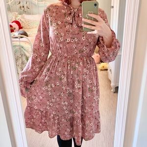 Vintage floral pink long sleeve midi dress